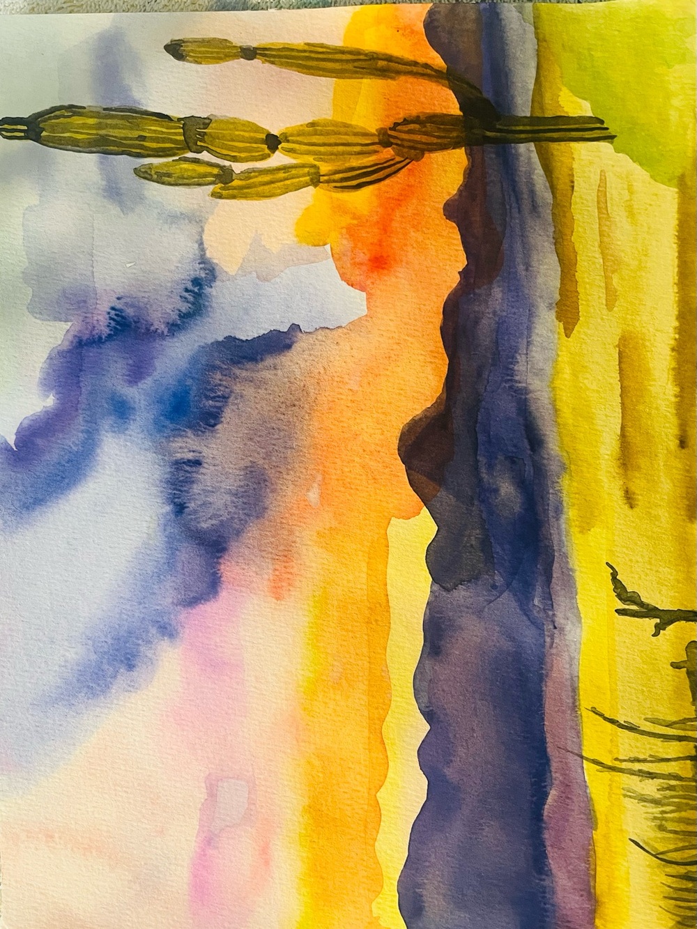 Sunset Cactus Watercolor Print - Yellow, Purple, Blue